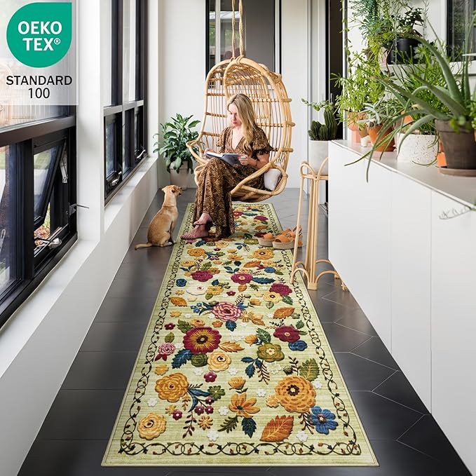 2x6 Machine Washable Runner Rug, Kitchen Hallway Area Rug Green Vintage Boho Floral Ultra Non-Slip Low Pile Soft Faux Wool Carpet, Kids and Pets Friendly for Bedroom Entryway Nursery Home Decor Rug