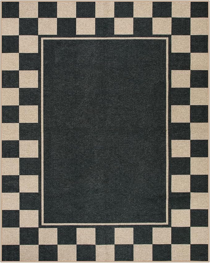 Moynesa Checkered Easy Jute Outdoor Rug 8x10 Area Rugs for Living Room, Black Washable Indoor Outdoor Patio Rug Non Slip, Large Farmhouse Carpet for Bedroom Dining Room Backyard