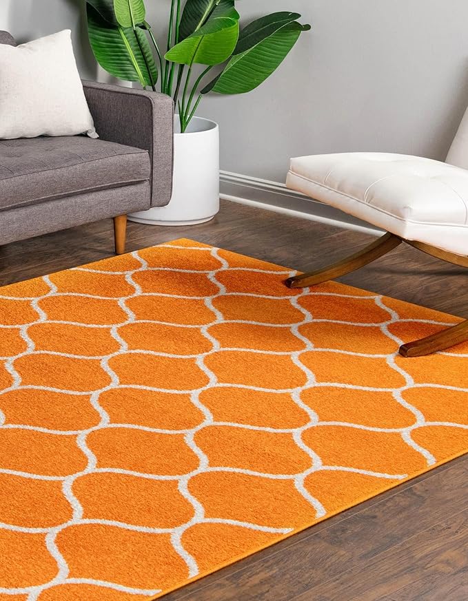 Rugs.com Lattice Frieze Collection Rug – 8' x 10' Orange Medium Rug Perfect for Living Rooms, Large Dining Rooms, Open Floorplans