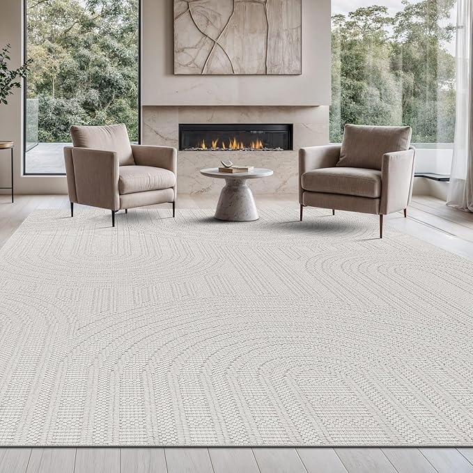 Beverly Rug Micro Loop Area Rug White 8x10 Modern Luxury Soft Circle Geometric Durable Indoor Area Rugs for Living Dining Room Office Stain Resistant Non Shedding Casual Indoor Carpet White 8 x 10