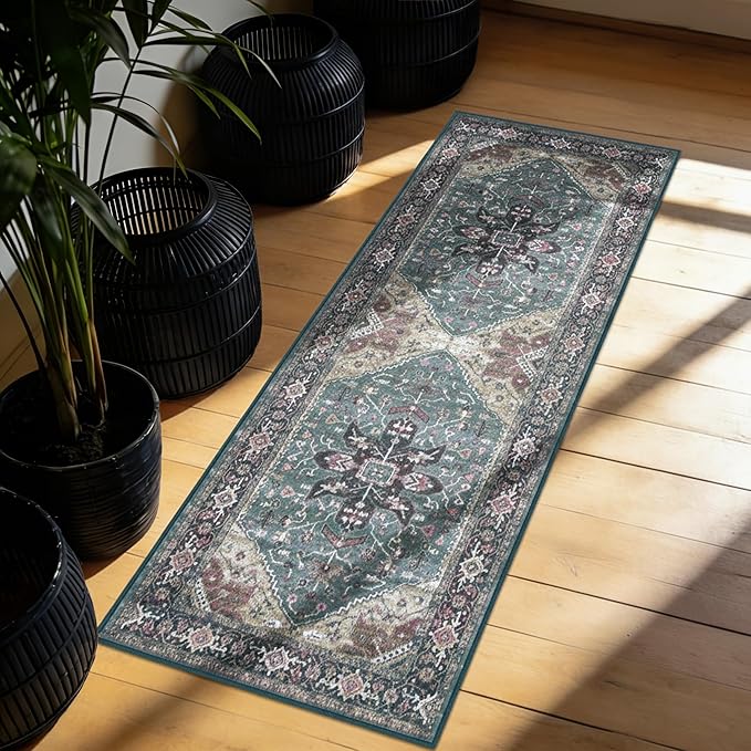 Enkor Runner Rugs for Hallway, 2x6 Washable Soft Boho Non Slip Floor Rugs for Kitchen, Modern Mat for Living Room Bedroom Entryway Purple & Green