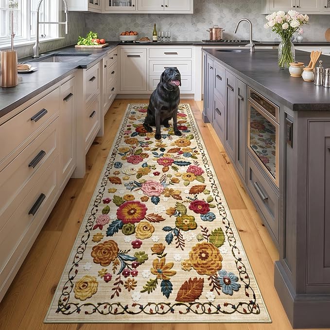 2'6''x8' Machine Washable Runner Rug, Kitchen Hallway Area Rug Beige Vintage Boho Floral Ultra Non-Slip Low Pile Soft Faux Wool Carpet, Kids and Pets Friendly for Bedroom Entryway Nursery Decor Rug