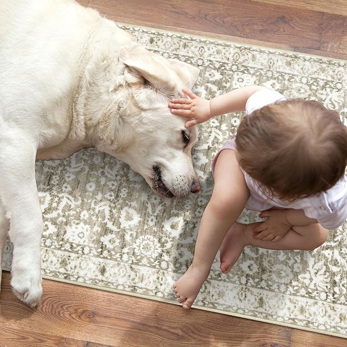 Vintage Floral 3x5 Rug, Beige Tan White Entryway Rug Neutral Small Area Rug Washable Non-Slip Throw Rug, Thin Printed Faux Wool Kitchen Rugs Super Soft Capet for Entrance Bedroom Office