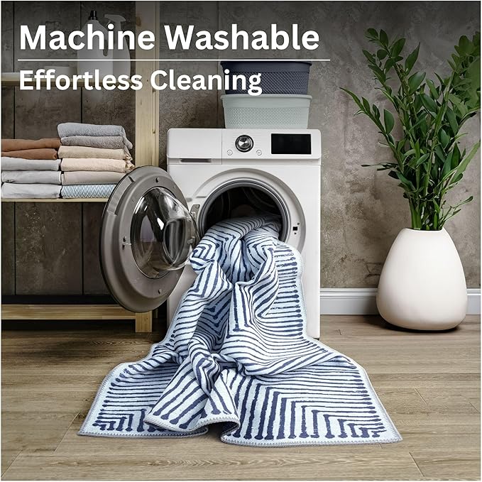 Bloom Rugs Washable Non-Slip 8' x 10' Rug - Blue/Ivory Striped Area Rug for Living Room, Bedroom, Dining Room, and Kitchen - Exact Size: 8' x 10'