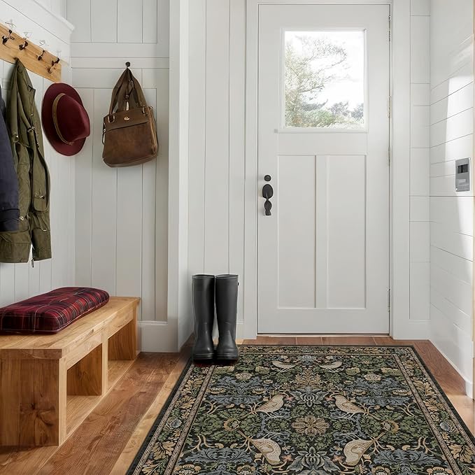 Large Entryway Rugs Indoor - 3x5 Washable Rugs for Kitchen Bedroom Beside Bed Door Mat Indoor Entrance with Moody Woodland Flowers, Non Slip Stain Resistant Low Pile
