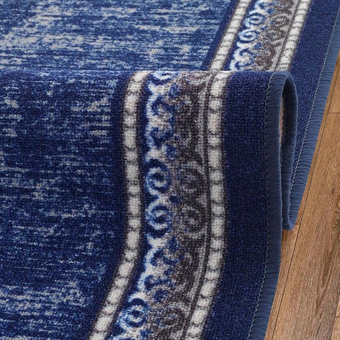 Antep Rugs Alfombras Bordered Modern 2x7 Non-Slip (Non-Skid) Low Pile Rubber Backing Indoor Area Runner Rug (Navy, 2' x 7')