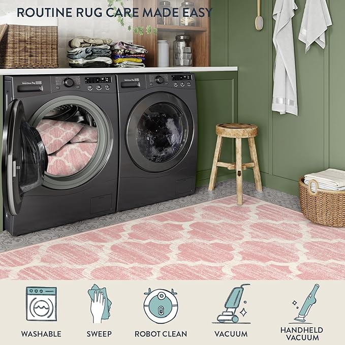 Lahome Moroccan Washable 2x3 Rugs Pink Bathroom Rugs Non-Slip Bathroom Mats,Kitchen Rugs Throw Kids Nursery Rug, Small Soft Girls Dorm Bedside Rug Modern Trellis Carpet for Bedroom Laundry Living Room