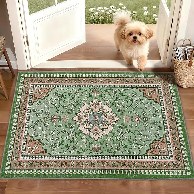 2' x 3' Green Washable Area Rugs, Non-Slip Entryway Rug, Boho Low Pile Door Mat Indoor Entrance, Floral Medallion Pattern Vintage Rugs for Kitchen Bedroom Bathroom Laundry Living Room Farmhouse