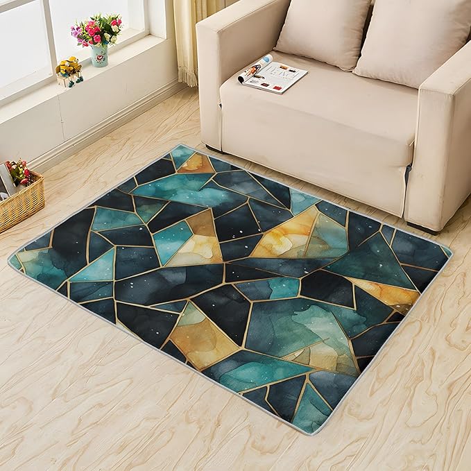 Blue and Gold Rug, 4x6 Rug, Watercolor Art Rugs for Entryway, Luxury Large Area Rug, Washable Rug Non Slip Soft Indoor Carpet, Kids and Pets Friendly, Blue and Gold Home & Room Decor