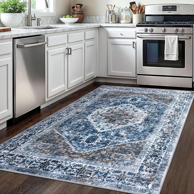 KOZYFLY Area Rug 4x6 Ft Washable Rugs for Entryway Non Slip Kitchen Mats for Floor Rugs for Living Room Printed Faux Wool Vintage Throw Rug for Entrance Bedroom Kitchen Living Room, Blue