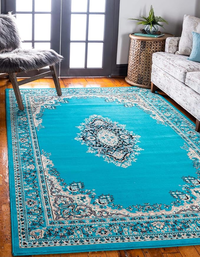 Unique Loom Reza Collection Traditional Persian Style Area Rug, 4 x 6 ft, Turquoise/Ivory