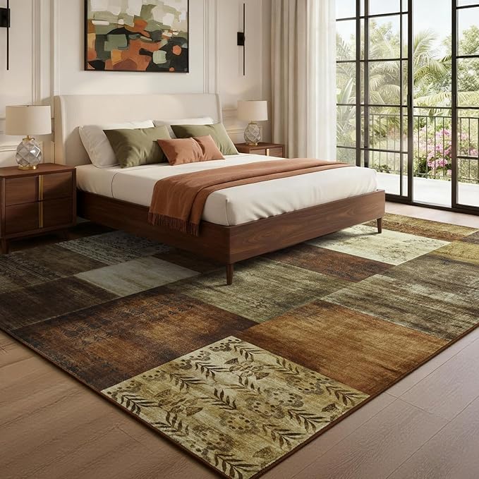 DweIke Washable Area Rugs for Living Room, 4x6 Soft Bedroom Rugs, Geometric Print Non-Slip Modern Rug, Stain Resistant Throw Carpets for Office Nursery Dining Room Home Dorm Decor, Brown