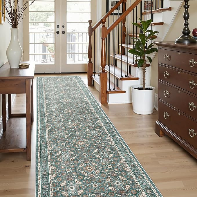 WITSHOCK Washable 3x12 Long Runners Rugs for Hallways,Vintage Neutral Hallway Rugs for Entryway Kitchen Bedroom,Vintage Farmhouse Home Decor(Teal Blue,3x12)