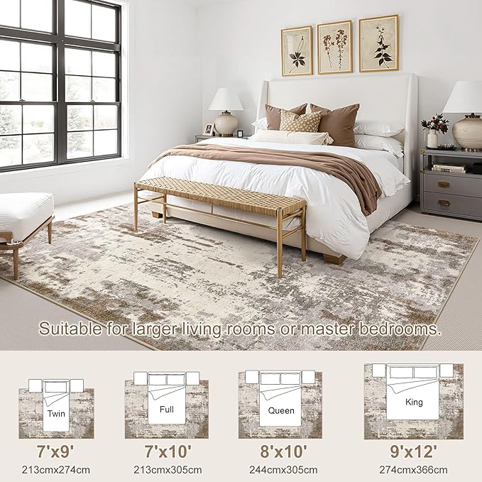 9x12 Area Rug Living Room Rugs - Washable Neutral Modern Abstract Soft Thin Rug Indoor Floor No Slip Rug Carpet for Bedroom Under Dining Table Home Office Decor - Brown/Grey/Beige