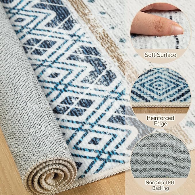 BESTSWEETIE 5x7 Area Rugs for Living Room Washable Moroccan Farmhouse Neutral Geometric Low Pile Non-Slip Soft Print Pattern Rug for Bedroom Kitchen Dining Room Entryway Blue/Brown