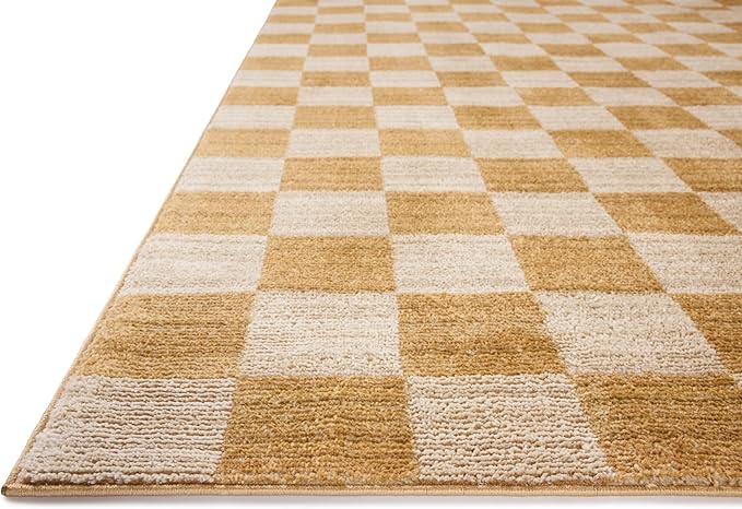 Loloi Chris Loves Julia Calvin Collection CLV-01 Apricot/Ivory 7'-10" x 7'-10" Round Area Rug Checkered Neutral Soft Living Room Bedroom Carpet