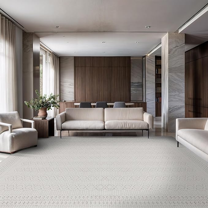 Micro Loop Indoor Rug White 6x9 Boho Geometric Neutral Area Rugs for Living Room Soft Luxury Modern Low and High Pile Durable Stain Resistant Non-Shedding Indoor Area Carpet 6 x 9