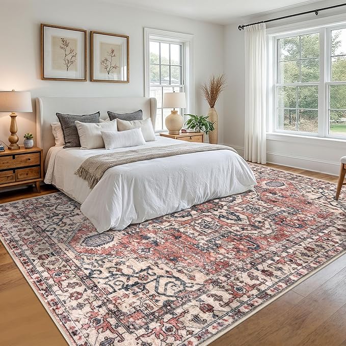 KOZYFLY Area Rug 9x12 Ft Thin Rugs for Living Room Washable Bedroom Rug Non Slip Rugs for Living Room Printed Faux Wool Vintage Bedroom Rug Floor Carpet for Dining Room, Terracotta/Beige