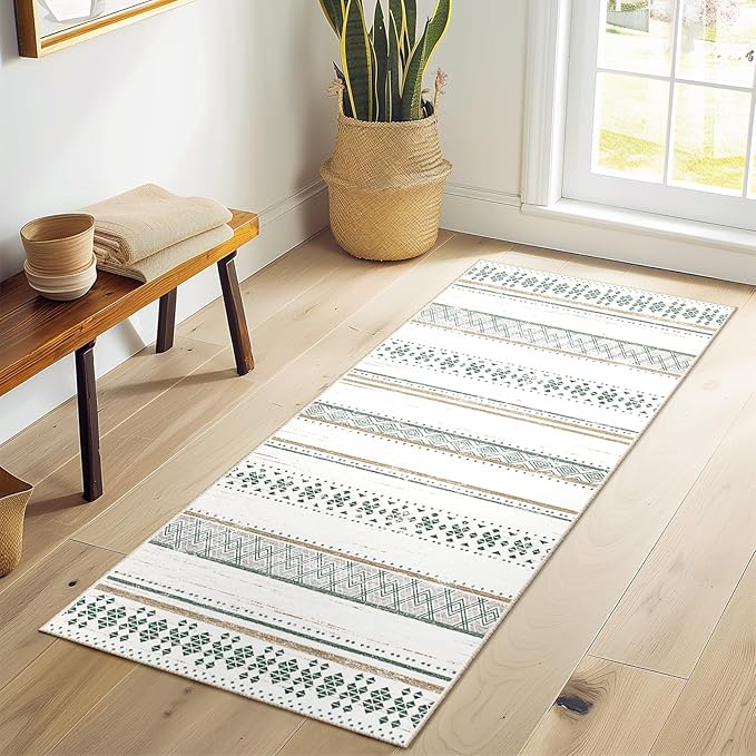 BESTSWEETIE 2x8 Area Rugs for Living Room Washable Moroccan Farmhouse Neutral Geometric Low Pile Non-Slip Soft Print Pattern Rug for Bedroom Kitchen Dining Room Entryway Green/Brown
