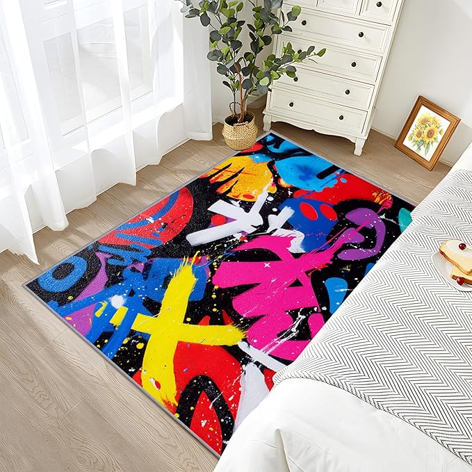 Geometric Rug - 4x6 Rug, Colorful Abstract Pop Art Area Rugs, Retro Funky Art Low Pile Stain Resistant Floor Carpets House Decor #C070