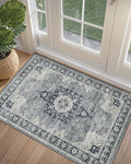 DEXI Area Rugs for Entryway 2x3, Washable Low Pile Vintage Traditional Entry Rug Non Slip, Small Indoor Door Mat for Bedroom Kitchen Entrance Hallway, Blue Grey