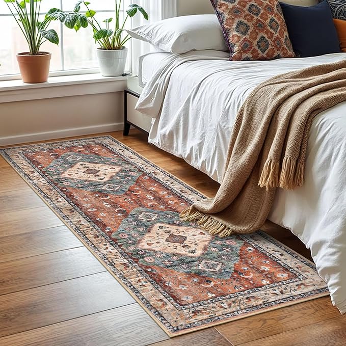 KOZYFLY Runners for Hallways 2x6 Ft Washable Kitchen Runner Rug Boho Runner Rug for Entryway Indoor Rust/Orange/Blue Printed Oriental Faux Wool Floor Carpet Runner for Bedroom Kitchen Hall