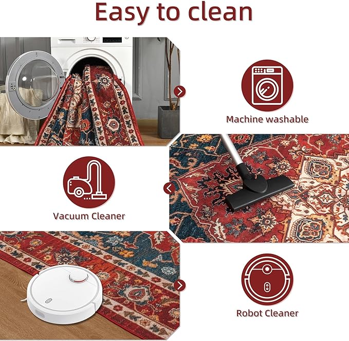 YJ.GWL Area Rugs for Living Room 6x9 Machine Washable Rugs, Non Slip Floral Vintage Rug Indoor Carpet, Stain Resistant Large Rug for Bedroom Dining Room, Orange-Red
