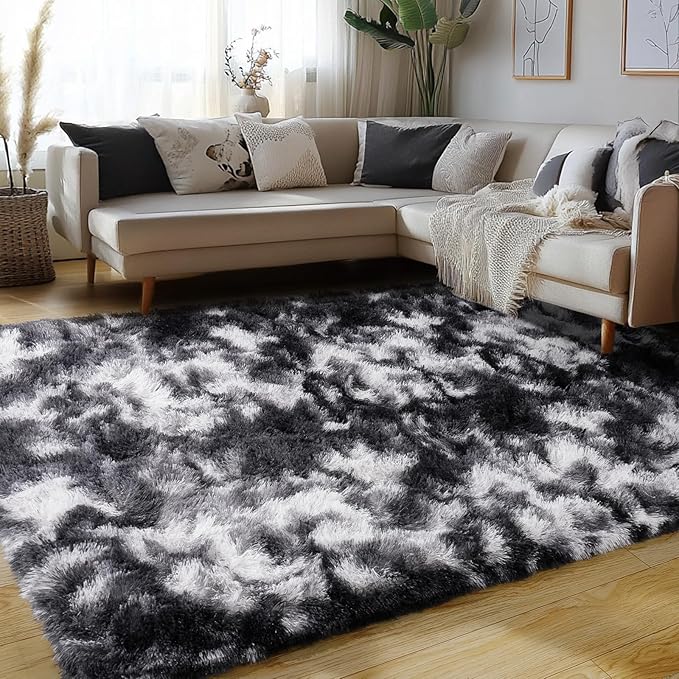 Fluffy Rug for Living Room Shaggy Area Rug High Pile Fuzzy Rug Non-Slip Indoor Floor Carpet Plush Area Rugs for Living Room Tie Dye Black White 6x9