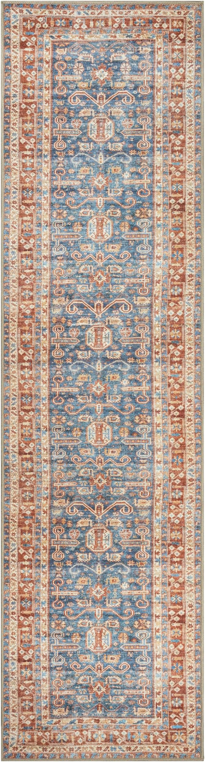 GLN Rugs Traditional Collection - Machine Washable Area Rug, Traditional Washable, Non Slip, Low Pile Chenille Rug, Living Room, Bedroom, Kitchen Rug (2'6" x 7' Terra/Slate Blue)