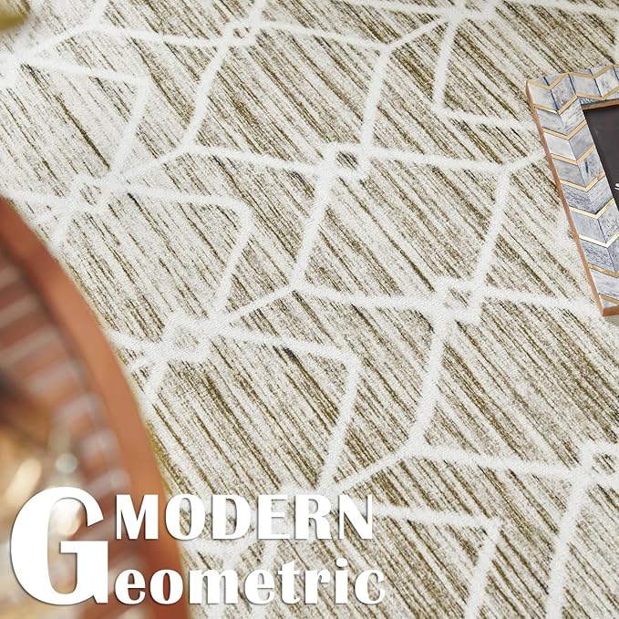 jinchan Moroccan 6x9 Area Rugs for Living Room - Machine Washable Modern Geometric Stain Resistant Ultra-Thin Low-Pile Large Rug Non-Slip Carpet for Bedroom Kitchen Dining Room (6x9ft, Taupe)