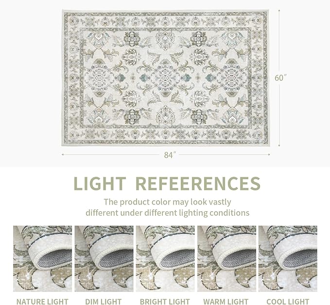 5x7 Washable Area Rugs Beige and Sage Green Vintage Boho Floral Farmhouse Rug for Living Room Bedroom, Non Slip Low Pile Carpet