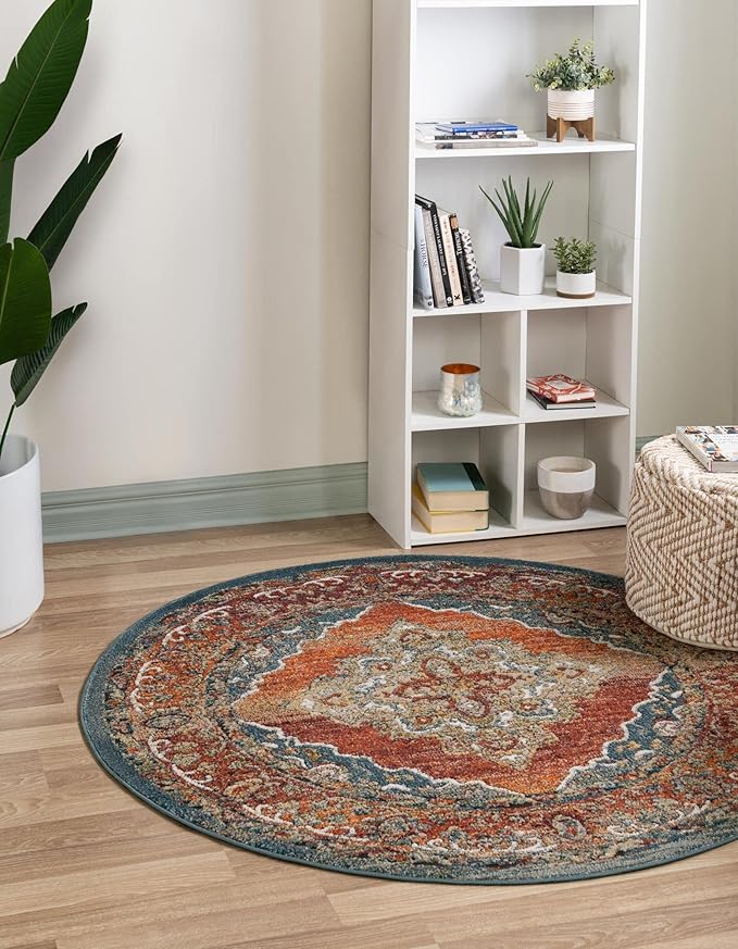 Unique Loom Isabella Collection Area Rug - Rossellini (5' 1" Round, Rust Red/ Beige)
