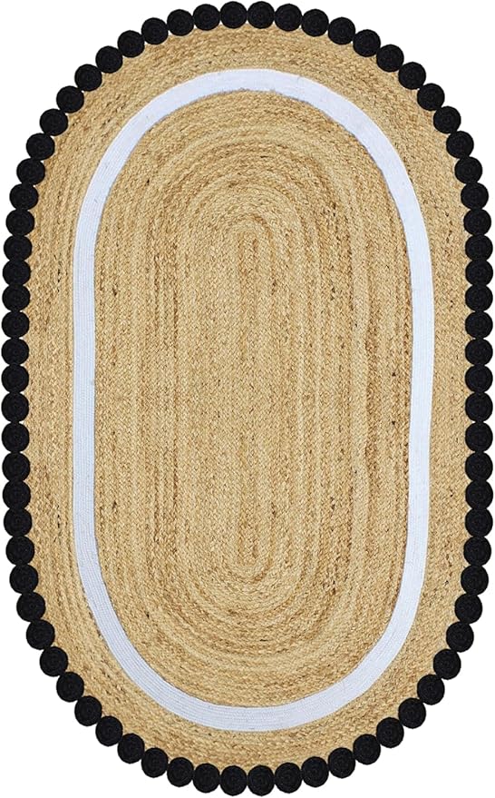 Oval Jute Runner 2x20 Flatweave Kilim Runner Hand Braided Jute Thick 0.27" Solid Pattern Black Beige Natural Oval Handmade Boho Indoor Outdoor Rugs for Hallway Enterway Corridor
