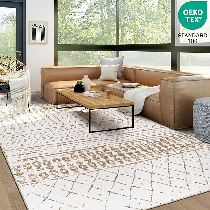6x9 Machine Washable Area Rug for Living Room, Brown White Vintage Moroccan Rug Large Non-Slip Low Pile Soft Faux Wool Carpet, Kids and Pets Friendly for Bedroom Dining Room Farmhouse Home Decor Rug