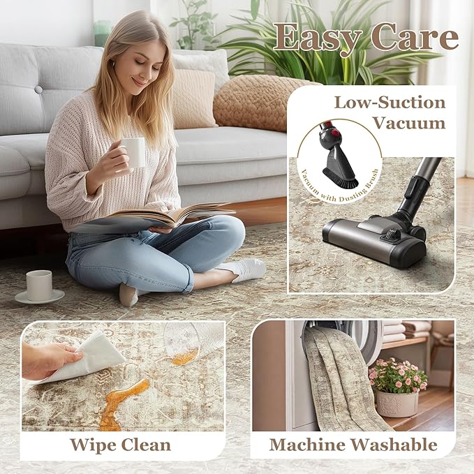 Washable Neutral 5x8 Area Rugs, Vintage Farmhouse Earth Tone Beige Taupe Carpet for Living Room Bedroom, Low Pile Thin Rug with Non Slip Rubber Backing for Dining Room Nursery Home Office