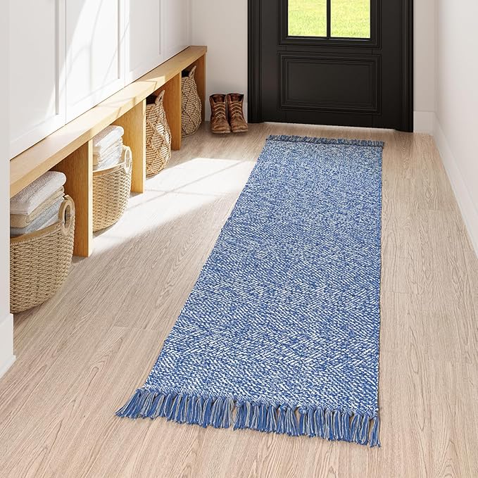 Collive Hallway Runner Rug, 2' x 6' Hand-Woven Reversible Washable Entryway Rug, Blue Cotton Modern Farmhouse Laundry Room Rug Long Carpet for Bathroom Sink Foyer Bedroom