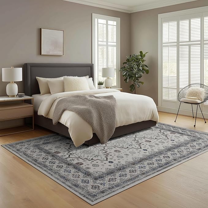 Washable Rugs 5x7 Area Rugs for Living Room, Thin carpet for Bedroom, Soft Faux Wool Retro Dining Room Rug，Non Slip&Non-Shedding Resistant Low Pile Vintage Print Rug for Home Office (White Cream/Gray)