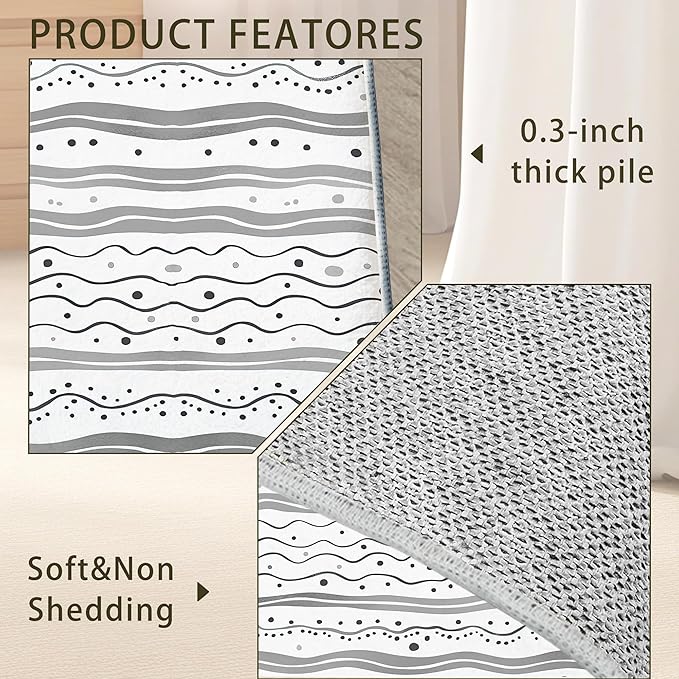 Modern Gray Lines Washable Living Room Area Rug, Low Profile Abstract Pattern, 3x5 Non-Slip Backing Carpet for Kitchen, Bedroom, Dining Room