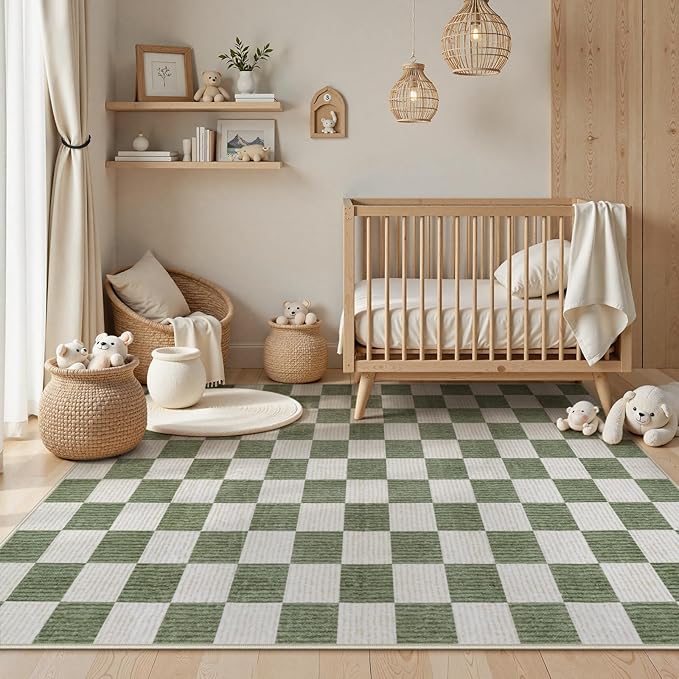 Machine Washable 5x7 Area Rugs for Living Room Checkered, Non Slip Soft Low Pile Farmhouse Geometric Modern Neutral Playroom Boys Rugs for Bedroom, Large Carpet Rugs for Dining Room(Sage Green,5'x7')