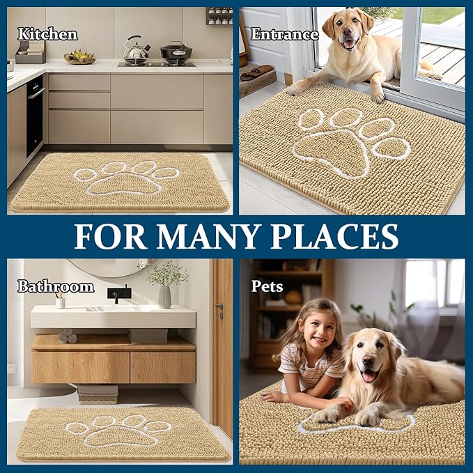 OLANLY Dog Door Mat for Muddy Paws 47x32, Paw Print Design, Absorbs Moisture and Dirt, Absorbent Non-Slip Washable Doormat, Quick Dry Chenille Mud Mat for Dogs, Entry Indoor Entryway Carpet, Beige