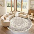 Round Rug Living Room Rugs: 10x10 Washable Boho Neutral Large Circle Soft Indoor Floral Stain Resistant Floor Farmhouse Carpet for Bedroom Nursery Kids Playroom Office Dining Room- Beige Brown