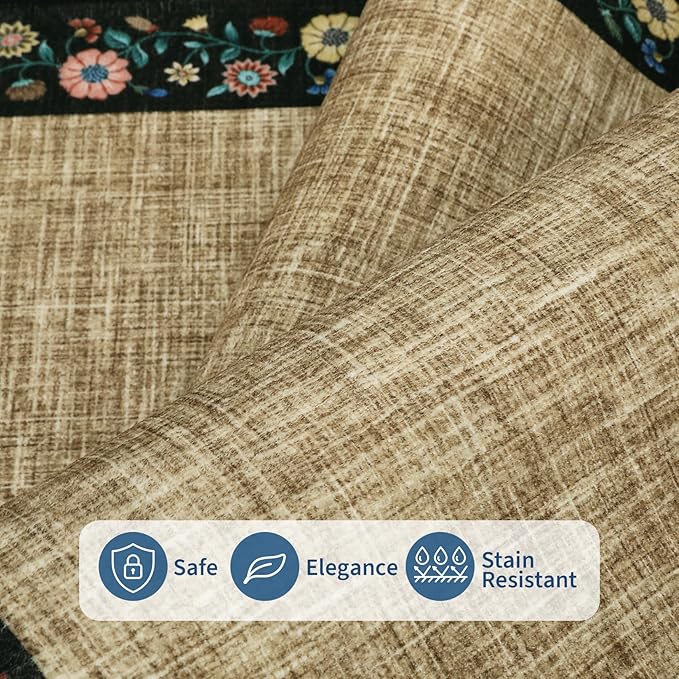 GarveeHome Washable Rugs for Living ROM 8 x 10 Large Area Rug Farmhouse Floral Bordered Bedroom Carpet Indoor Non-Slip Nursery Mat Soft Non Shedding Stain Resistant Carpet for Dining Room, Brown