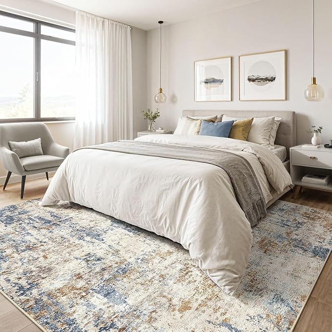 5x8 Area Rug Washable Rugs: Living Room Large Abstract Modern Soft Stain Resistant Indoor Floor Non-Slip Accent Carpet for Bedroom Nursery Playroom Office Dining Room Dorm Home House- Tan