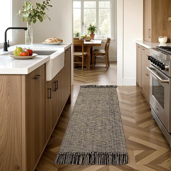 Collive Washable Kitchen Runner Rug, Modern Farmhouse Hand Woven Entryway Rugs Non Slip, Cotton Reversible Bathroom Carpet for Bedroom Hallway Foyer Back Door Decor, Natural/Black 2 x 4.3 ft