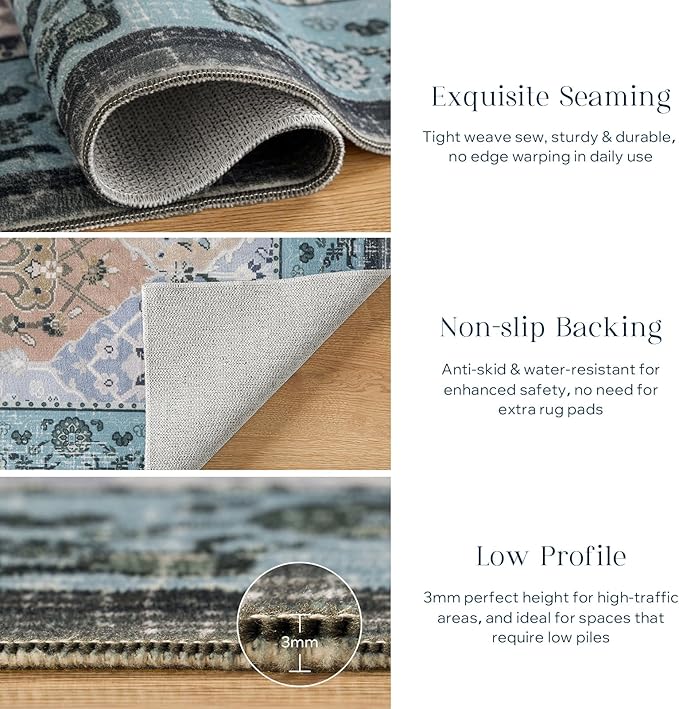 Phantoscope Washable Runner Rug 2'x10' Non-Slip, Vintage Boho Hallway Rugs for Entryway, Stair, Bedroom, Distressed Moroccan Mosaic Diamond Pattern, Low-Pile Foldable Floor Carpet, Blue Teal/Neutral
