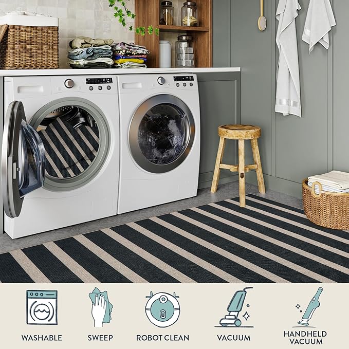 Lahome Striped Easy Jute Indoor Outdoor Rug, Washable Rugs 5x7 for Patio Living Room, Farmhouse Neutral Non Slip Non Shedding Black Carpet for Deck Entryway Dining Room Office Classroom