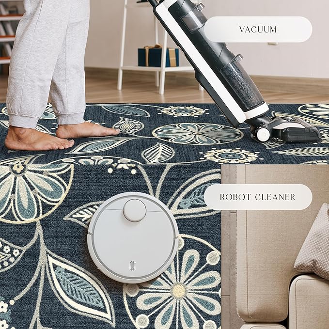 Maples Rugs Reggie Floral Area Rug - Made in USA - Low Pile, Non Slip, Pet-Friendly Mat for Living Room, Bedroom, and Office, 7' x 10', Persian Blue
