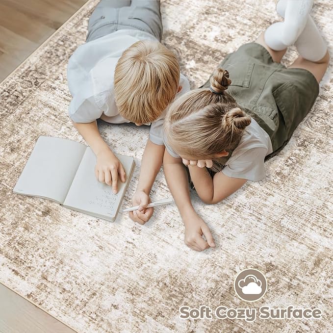 Area Rug 10x14 Washable Rug, Vintage Boho Medallion Rugs Non-Slip Soft Low Pile Large Distressed Rug Indoor Retro Carpet for Living Room Bedroom Dining Room Home Office (Brown, 10'x14')