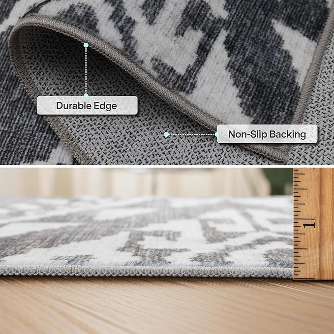 ReaLife Rugs Machine Washable Area Rug Runner - Living Room Bedroom Bathroom Kitchen Entryway Office - Padded Low Pile Stain Resistant Premium - Moroccan Diamond Tribal - Jax - Gray 2'6" x 8'