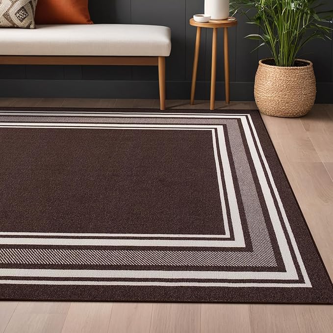 Beverly Rug Non Slip Area Rugs 3x3 Modern Bordered Non Skid Rubber Backing Soft Area Rug for Living Dining Room Easy to Clean Non Shedding Kitchen Bedroom Indoor Carpet 3 x 3 Brown